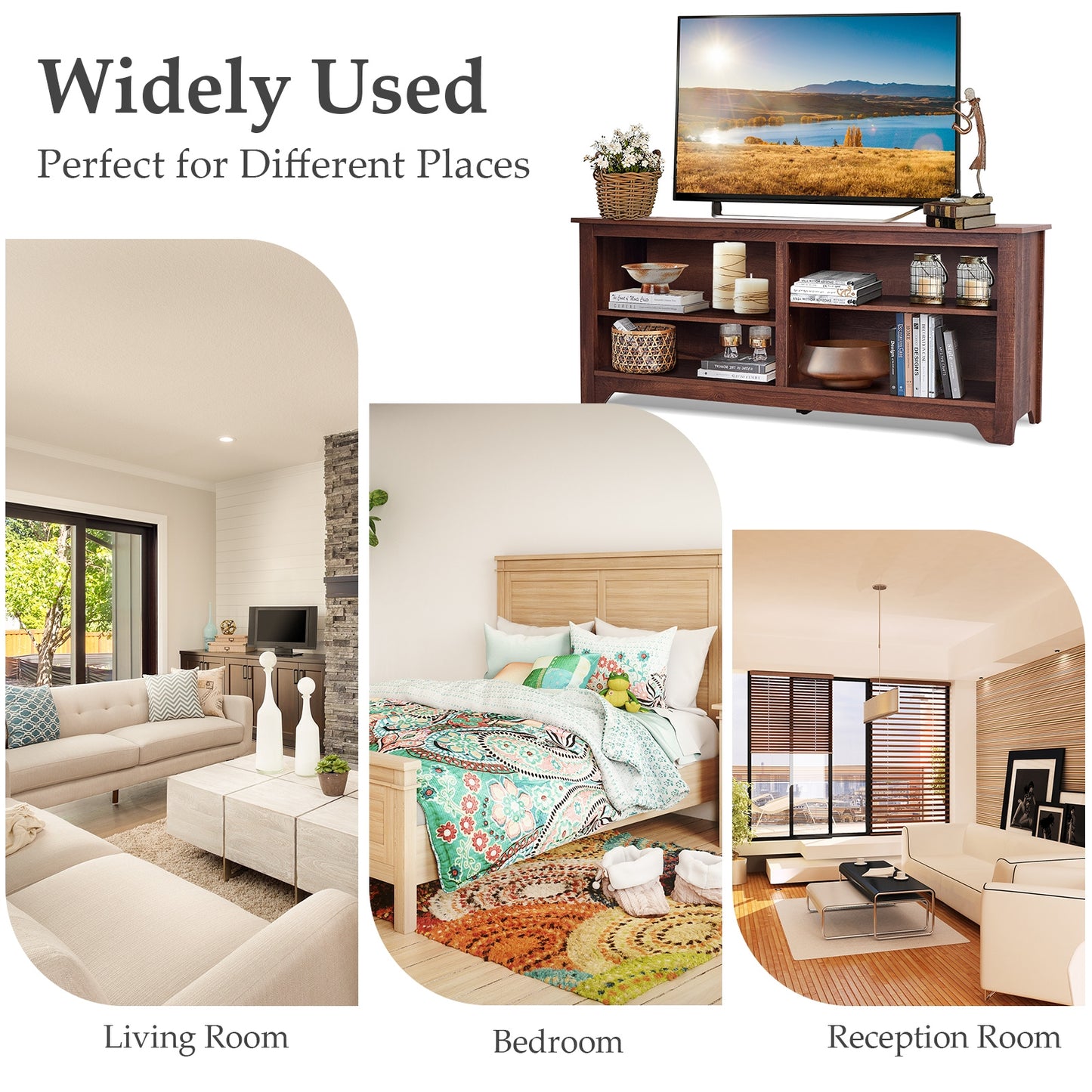 Spacious 58 Inch Wood TV Console for TVs up to 65 Inches with Open Shelving