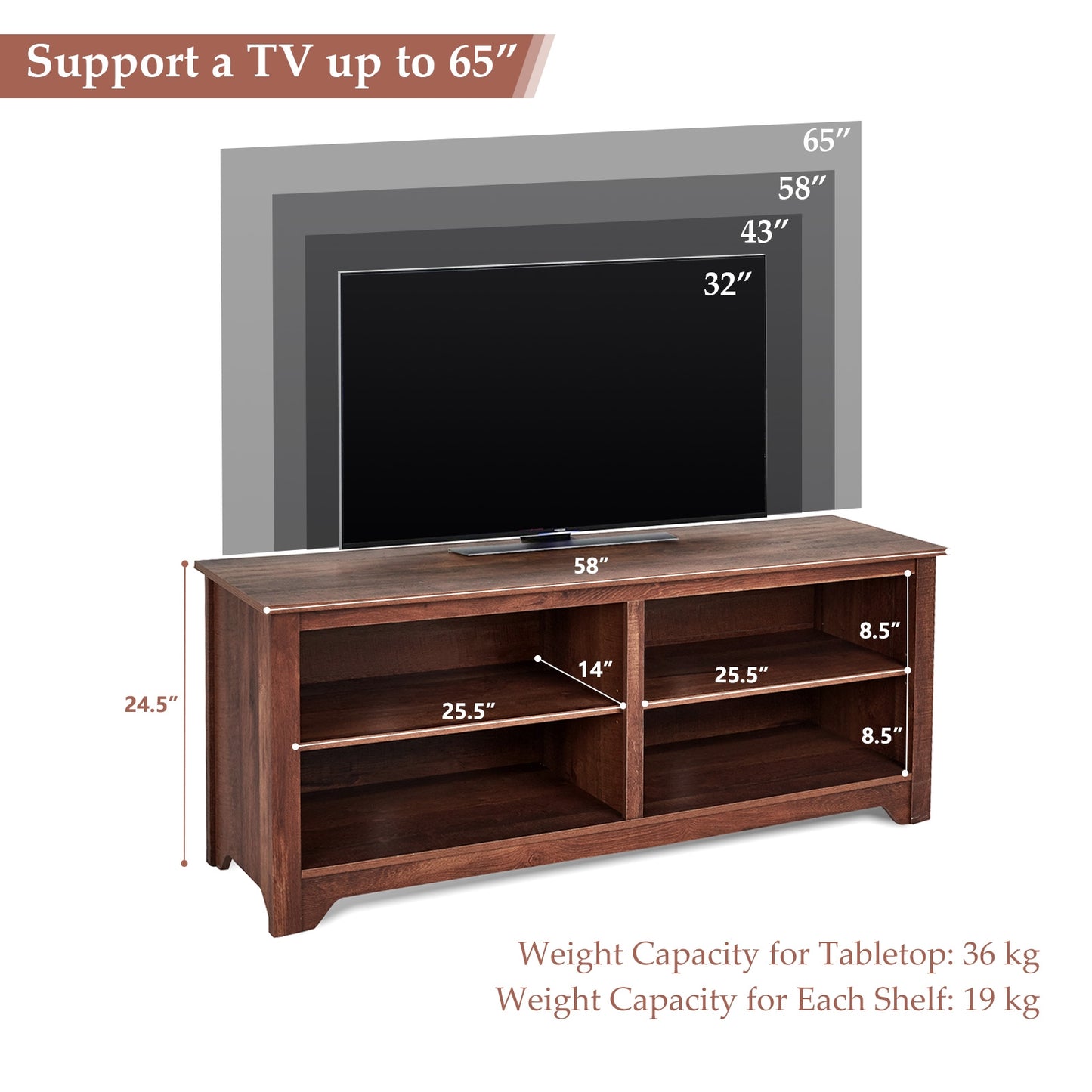 Spacious 58 Inch Wood TV Console for TVs up to 65 Inches with Open Shelving