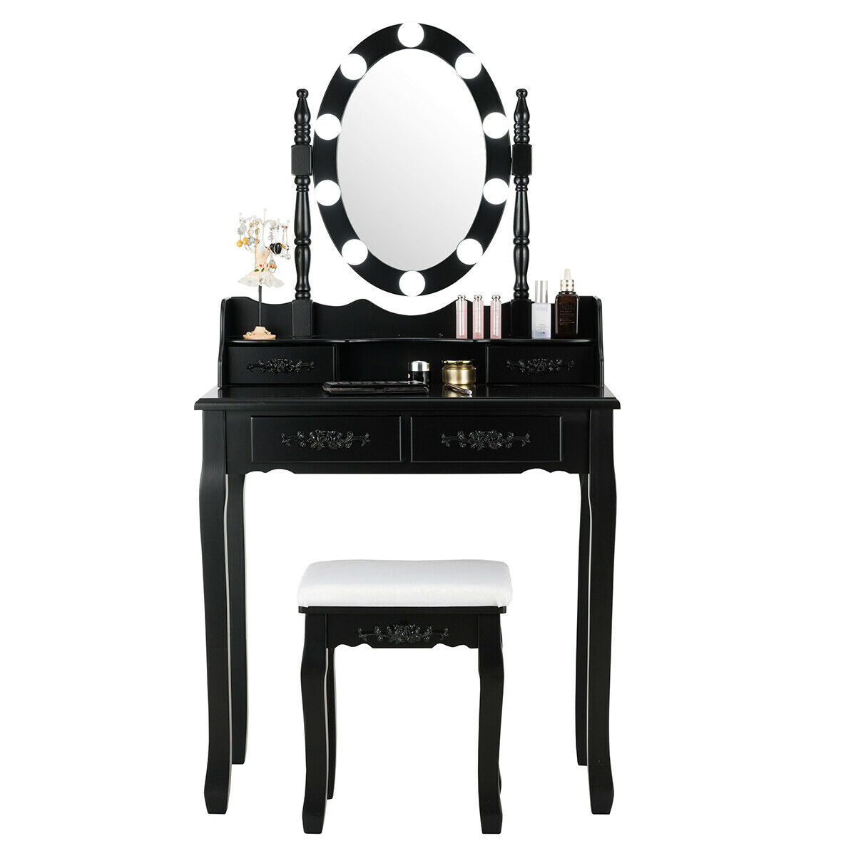 Makeup Vanity Set with Touch Switch Lighted Mirror and Cushioned Stool – Black