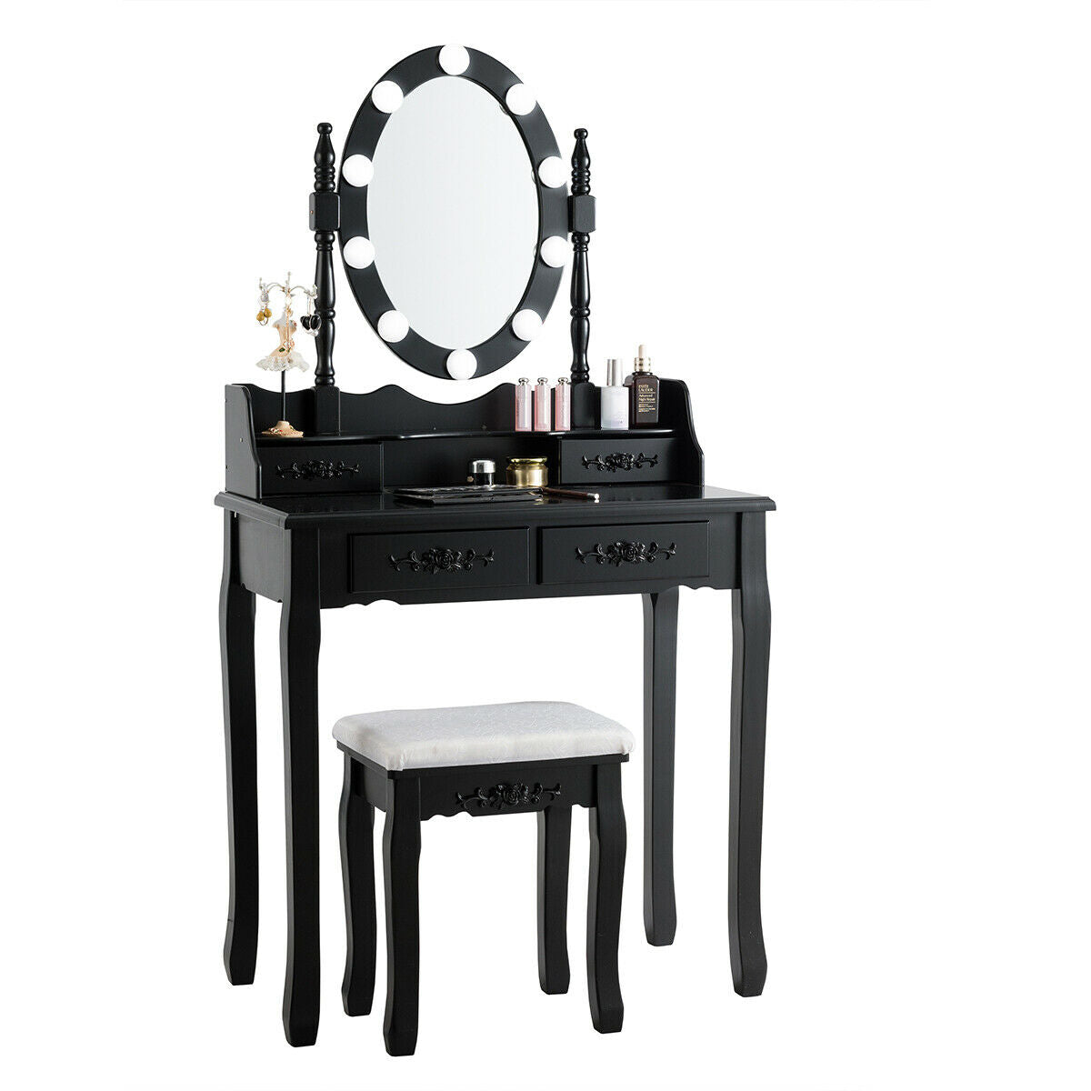 Makeup Vanity Set with Touch Switch Lighted Mirror and Cushioned Stool – Black