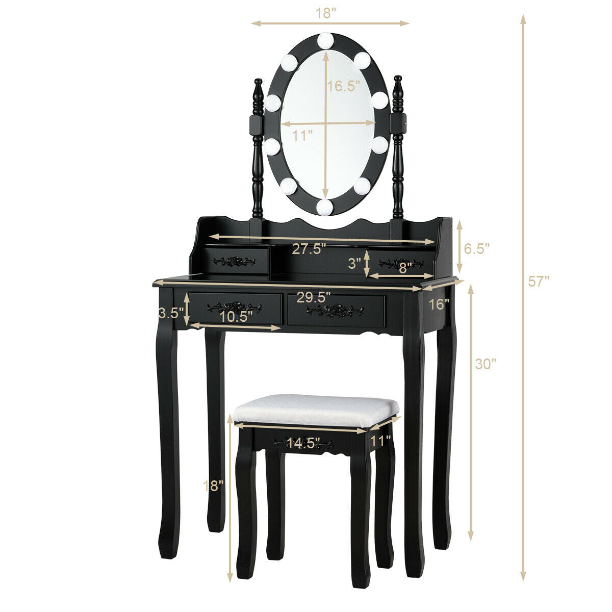 Makeup Vanity Set with Touch Switch Lighted Mirror and Cushioned Stool – Black