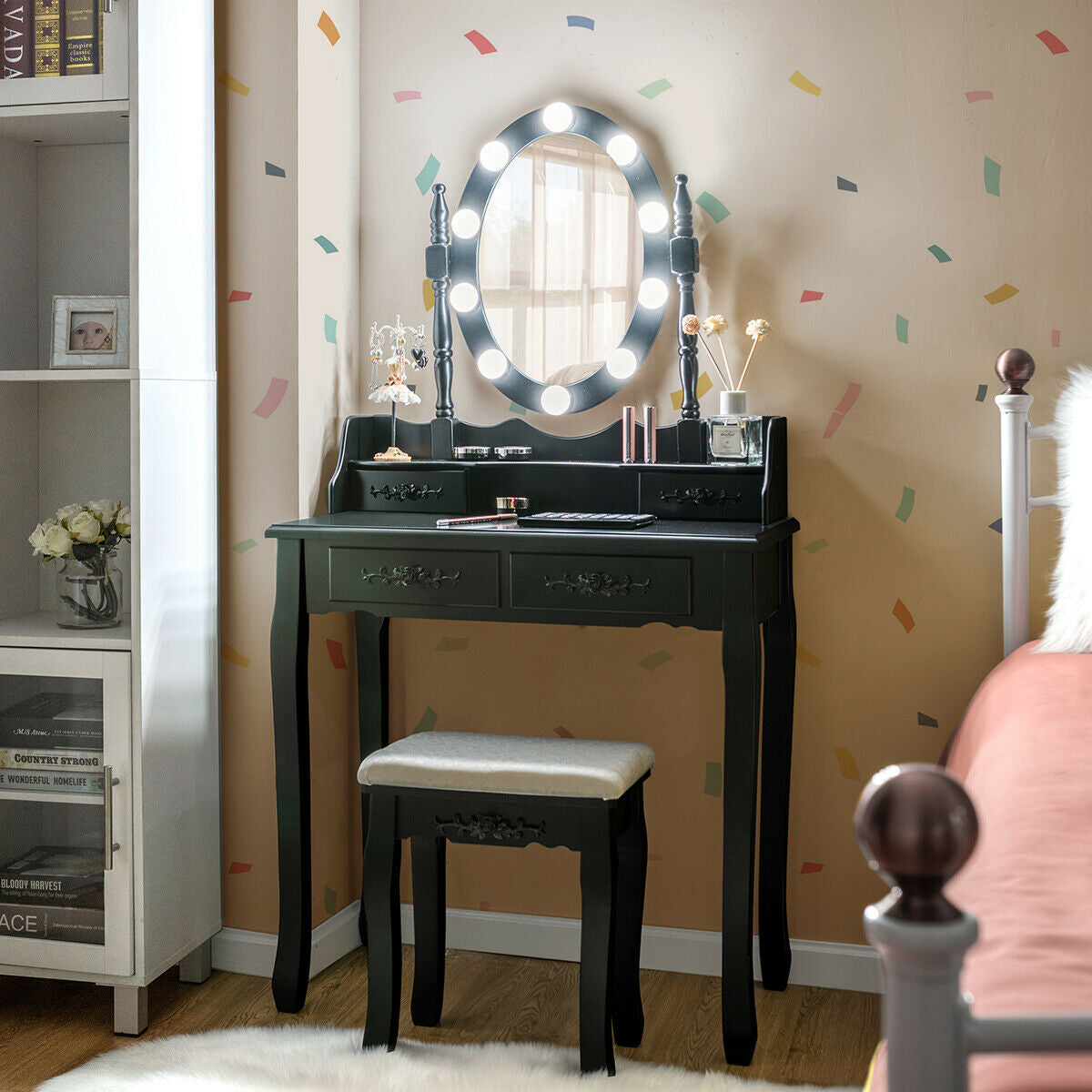 Makeup Vanity Set with Touch Switch Lighted Mirror and Cushioned Stool – Black