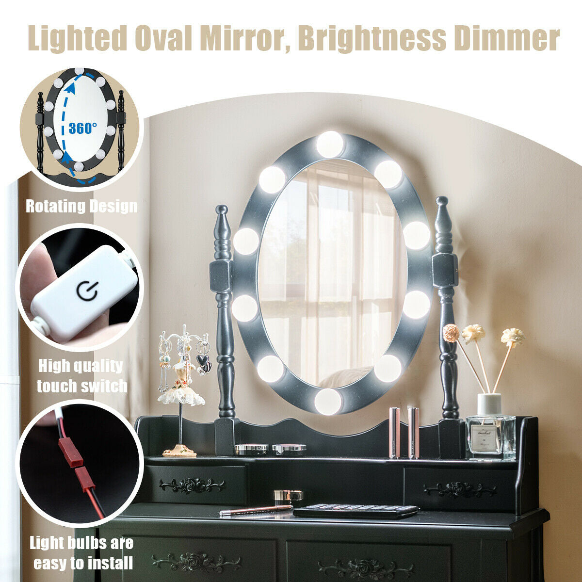 Makeup Vanity Set with Touch Switch Lighted Mirror and Cushioned Stool – Black