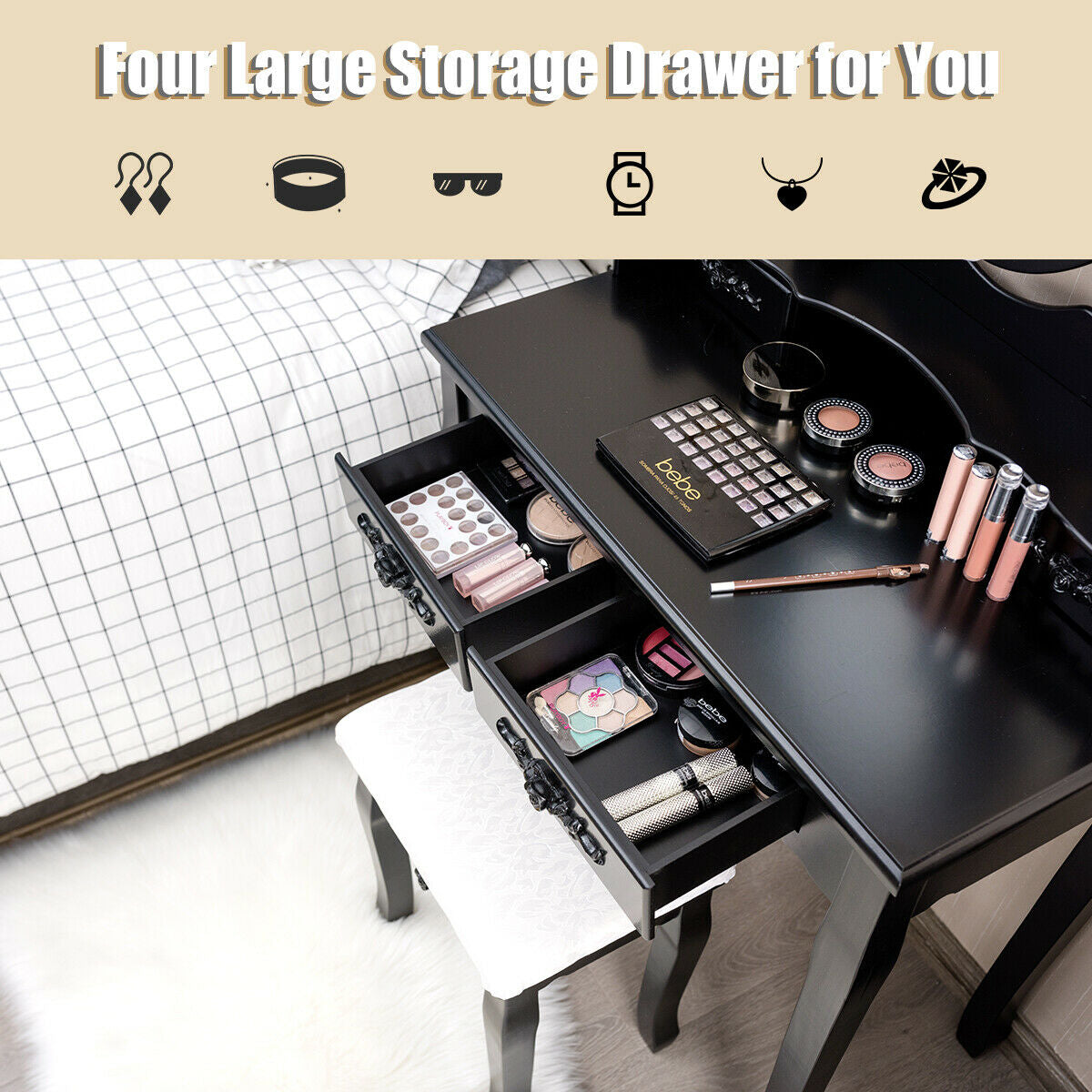 Makeup Vanity Set with Touch Switch Lighted Mirror and Cushioned Stool – Black