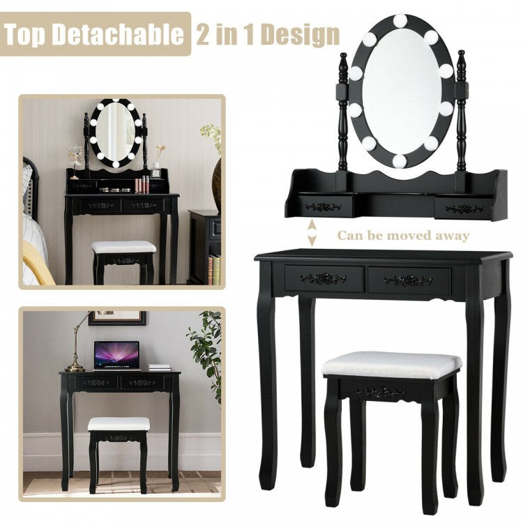 Makeup Vanity Set with Touch Switch Lighted Mirror and Cushioned Stool – Black