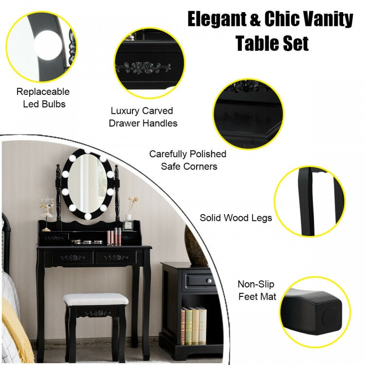 Makeup Vanity Set with Touch Switch Lighted Mirror and Cushioned Stool – Black