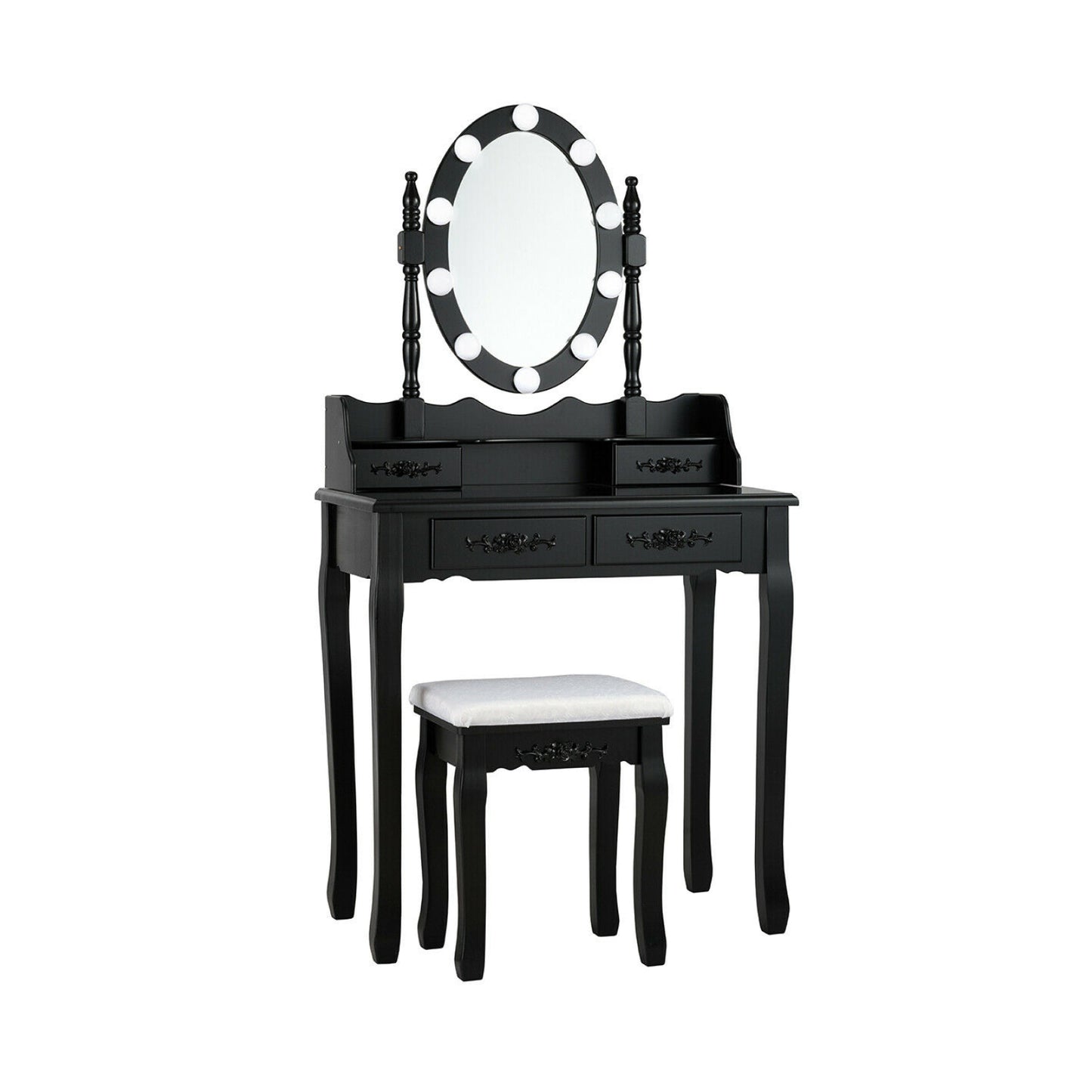 Makeup Vanity Set with Touch Switch Lighted Mirror and Cushioned Stool – Black