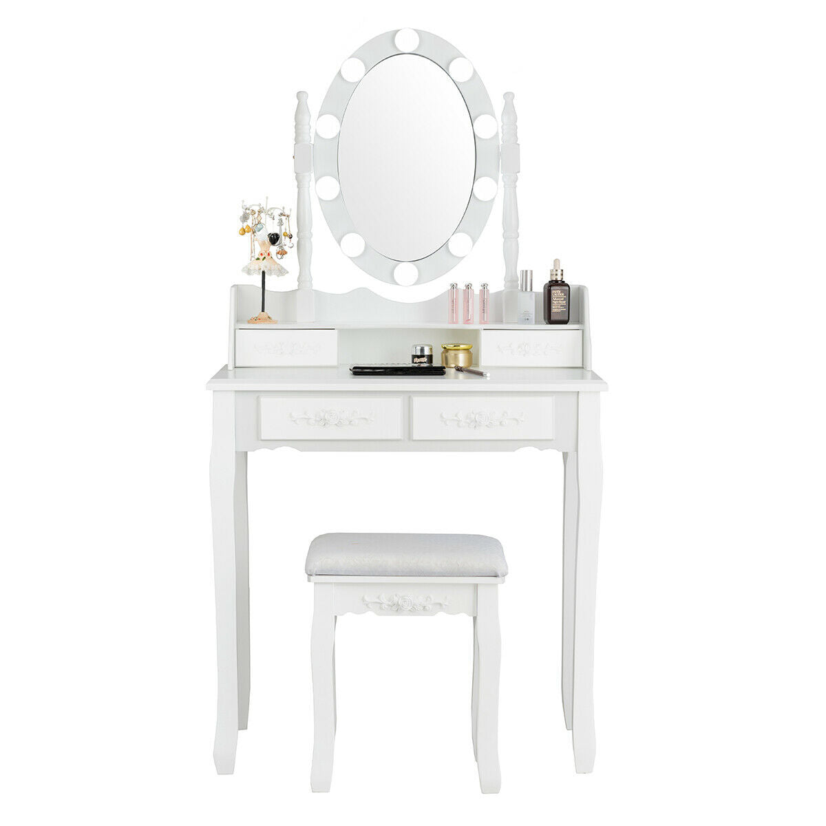 Makeup Vanity Set with Touch Switch Lighted Mirror and Cushioned Stool – White