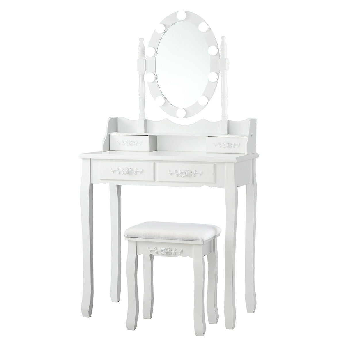 Makeup Vanity Set with Touch Switch Lighted Mirror and Cushioned Stool – White