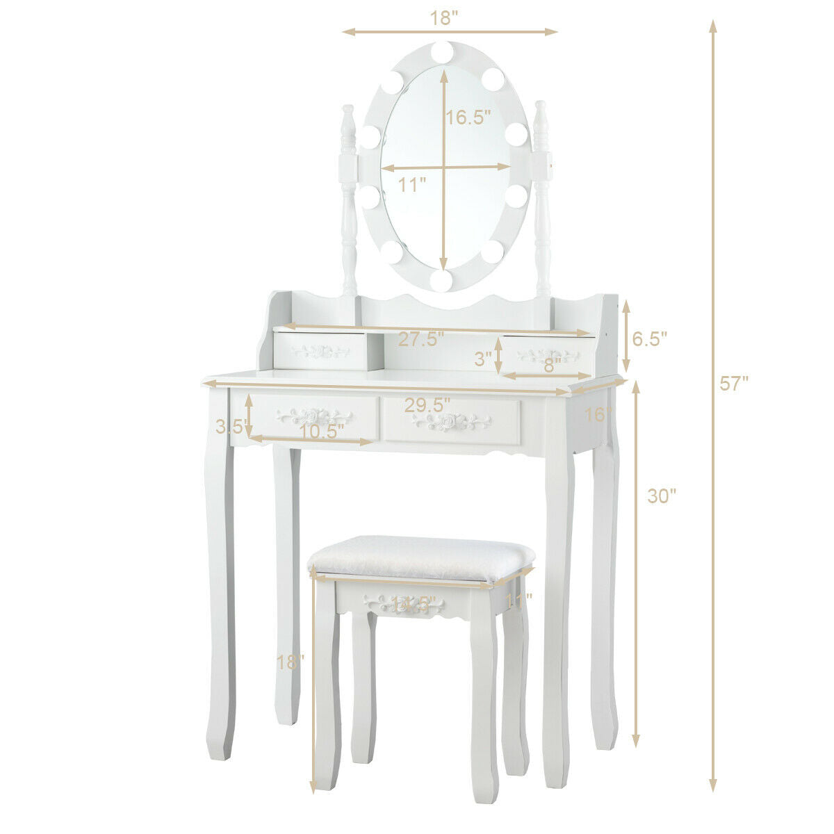 Makeup Vanity Set with Touch Switch Lighted Mirror and Cushioned Stool – White