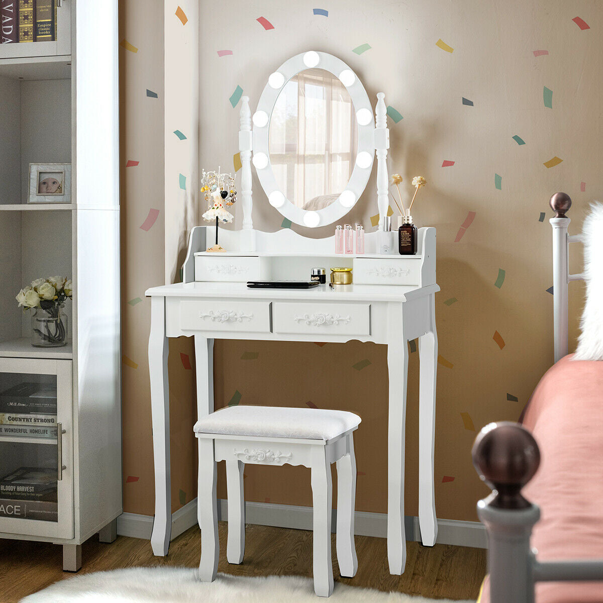 Makeup Vanity Set with Touch Switch Lighted Mirror and Cushioned Stool – White