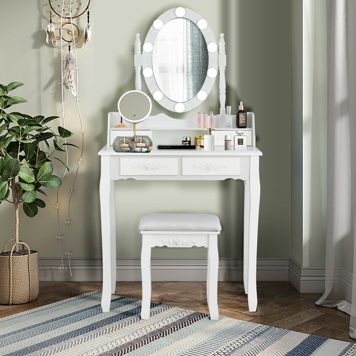 Makeup Vanity Set with Touch Switch Lighted Mirror and Cushioned Stool – White