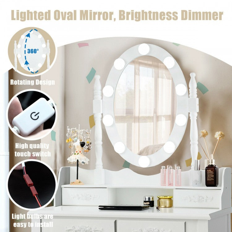 Makeup Vanity Set with Touch Switch Lighted Mirror and Cushioned Stool – White