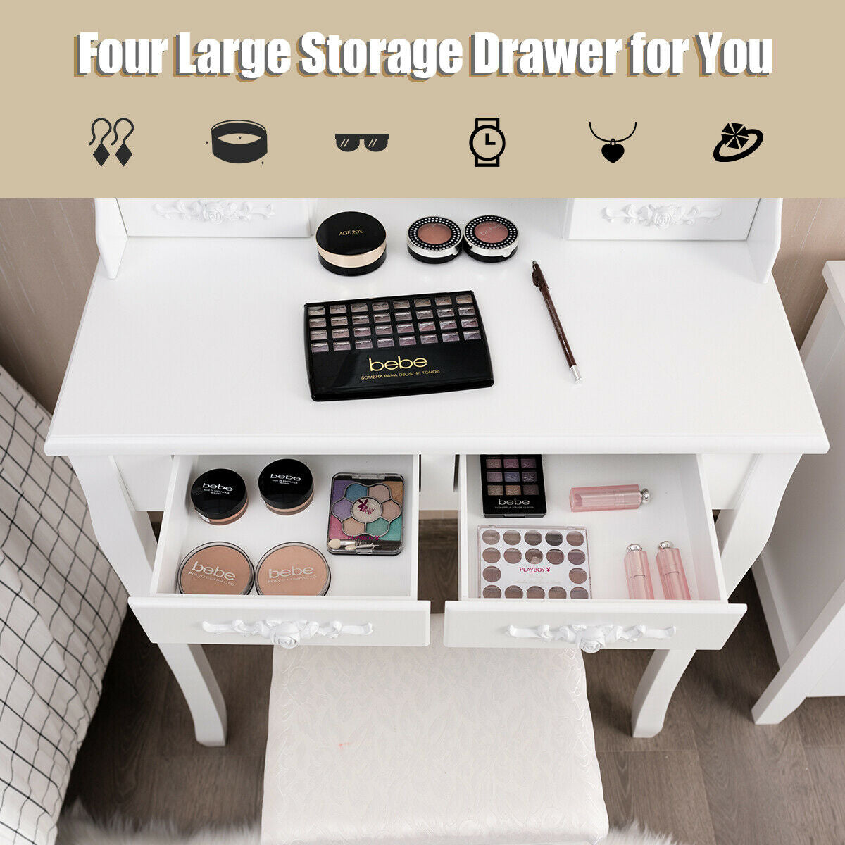Makeup Vanity Set with Touch Switch Lighted Mirror and Cushioned Stool – White