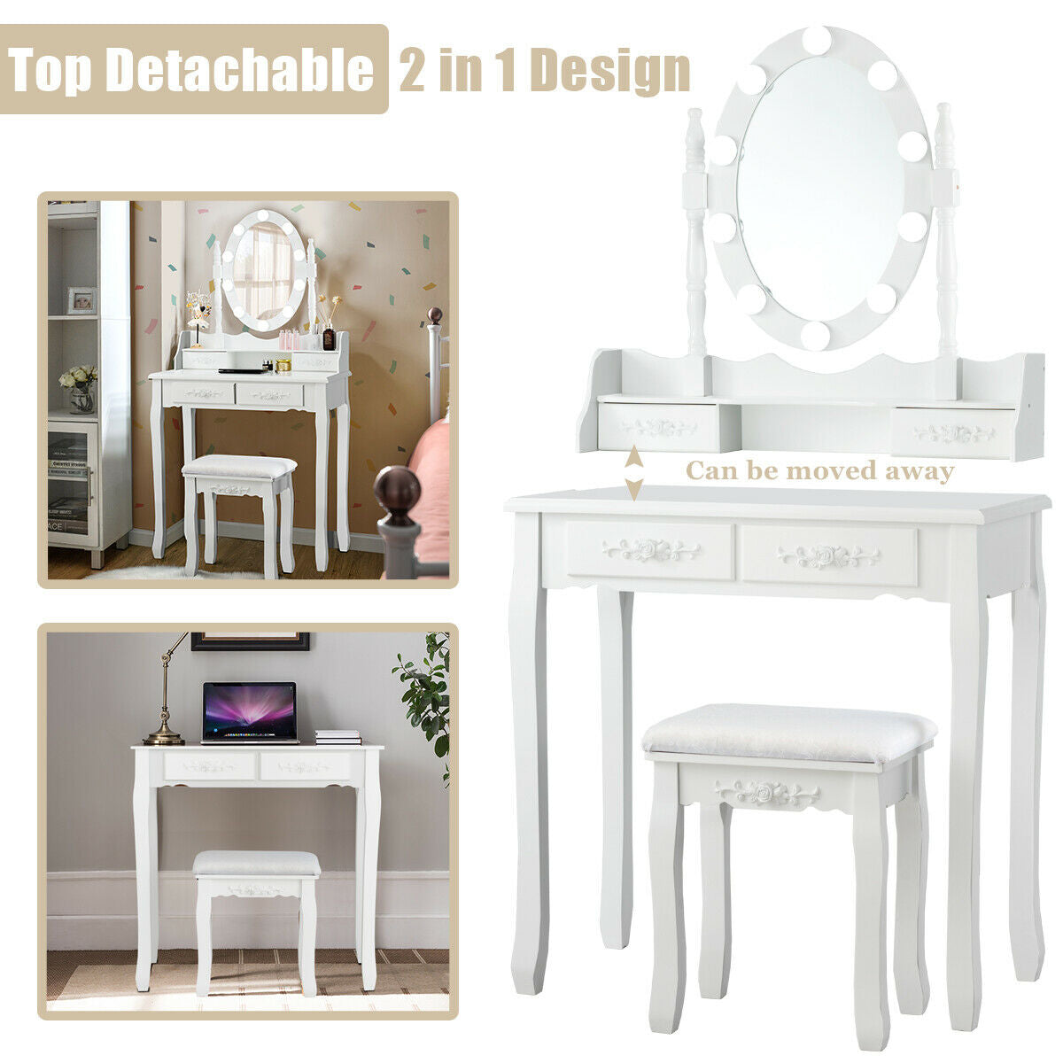 Makeup Vanity Set with Touch Switch Lighted Mirror and Cushioned Stool – White