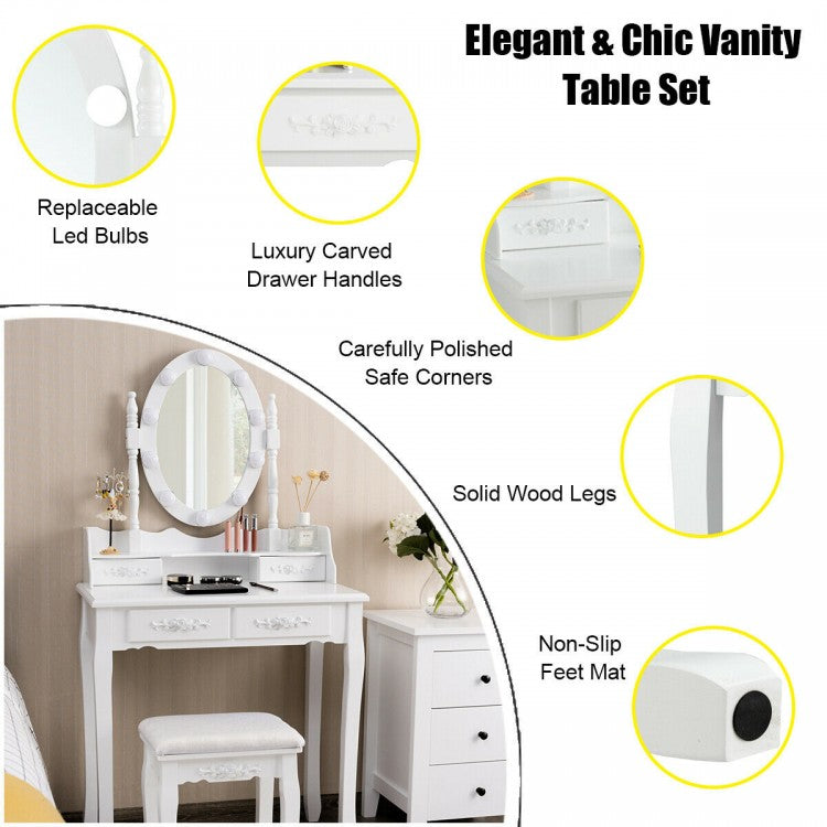 Makeup Vanity Set with Touch Switch Lighted Mirror and Cushioned Stool – White