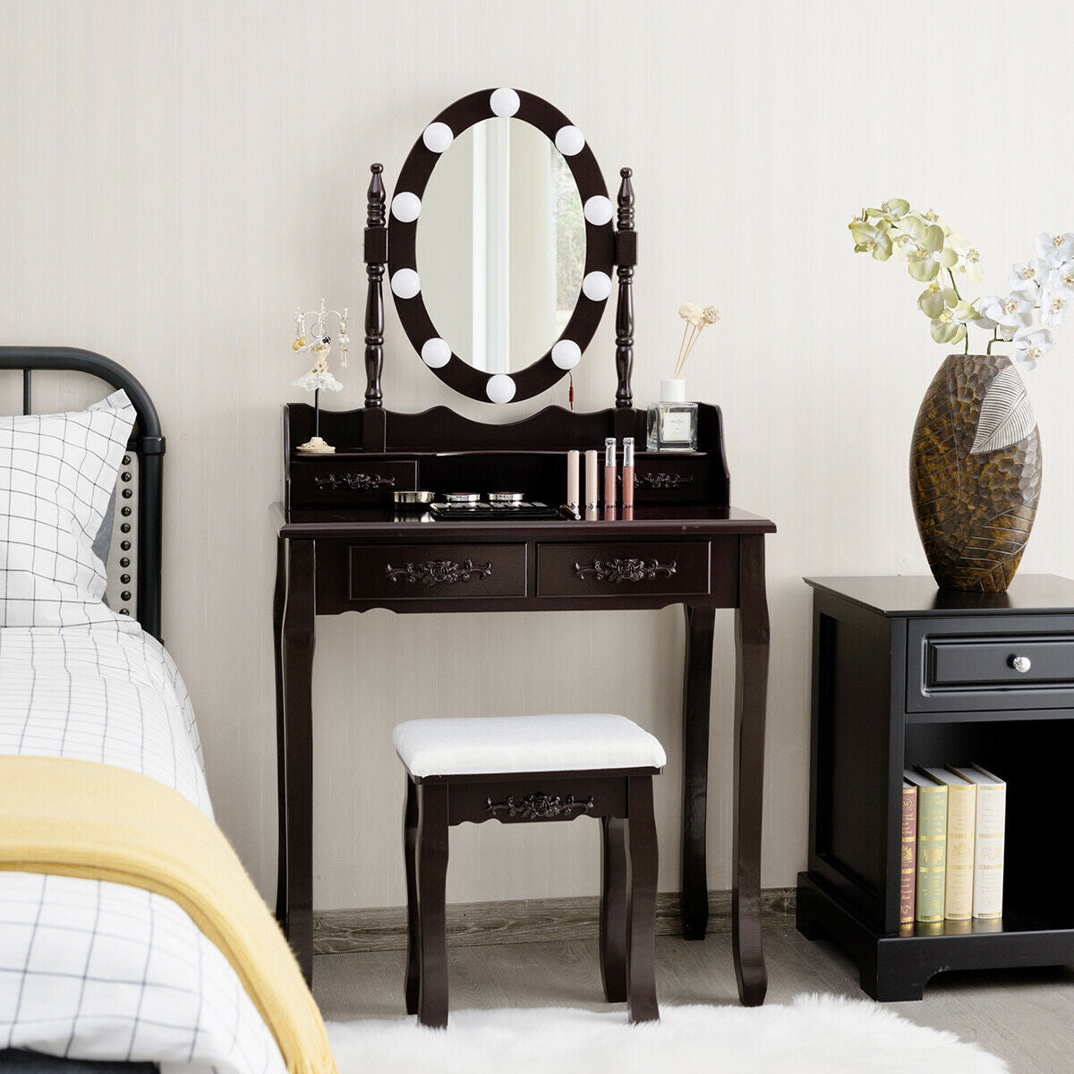 Makeup Vanity Set with Touch Switch Lighted Mirror and Cushioned Stool – Brown