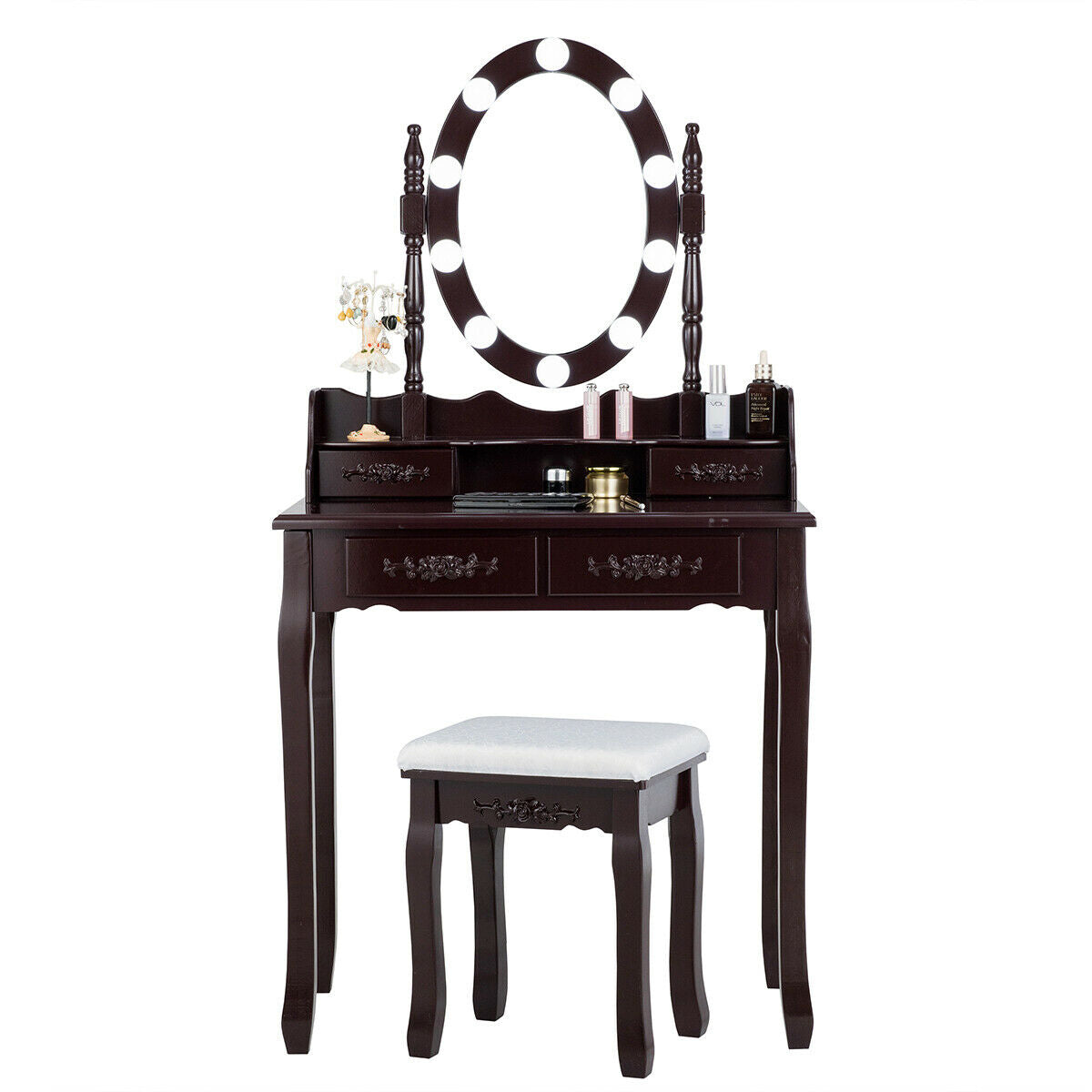 Makeup Vanity Set with Touch Switch Lighted Mirror and Cushioned Stool – Brown