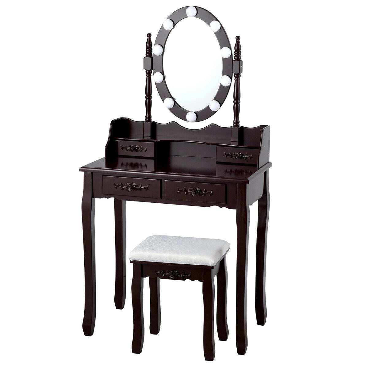 Makeup Vanity Set with Touch Switch Lighted Mirror and Cushioned Stool – Brown