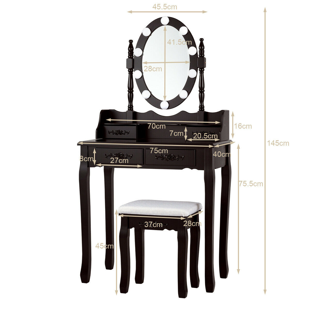 Makeup Vanity Set with Touch Switch Lighted Mirror and Cushioned Stool – Brown