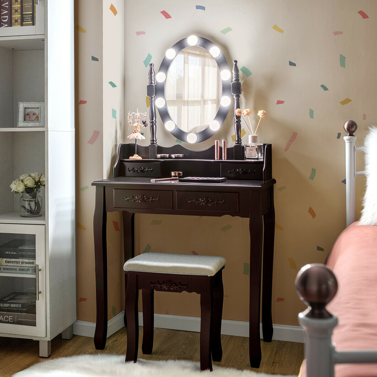 Makeup Vanity Set with Touch Switch Lighted Mirror and Cushioned Stool – Brown