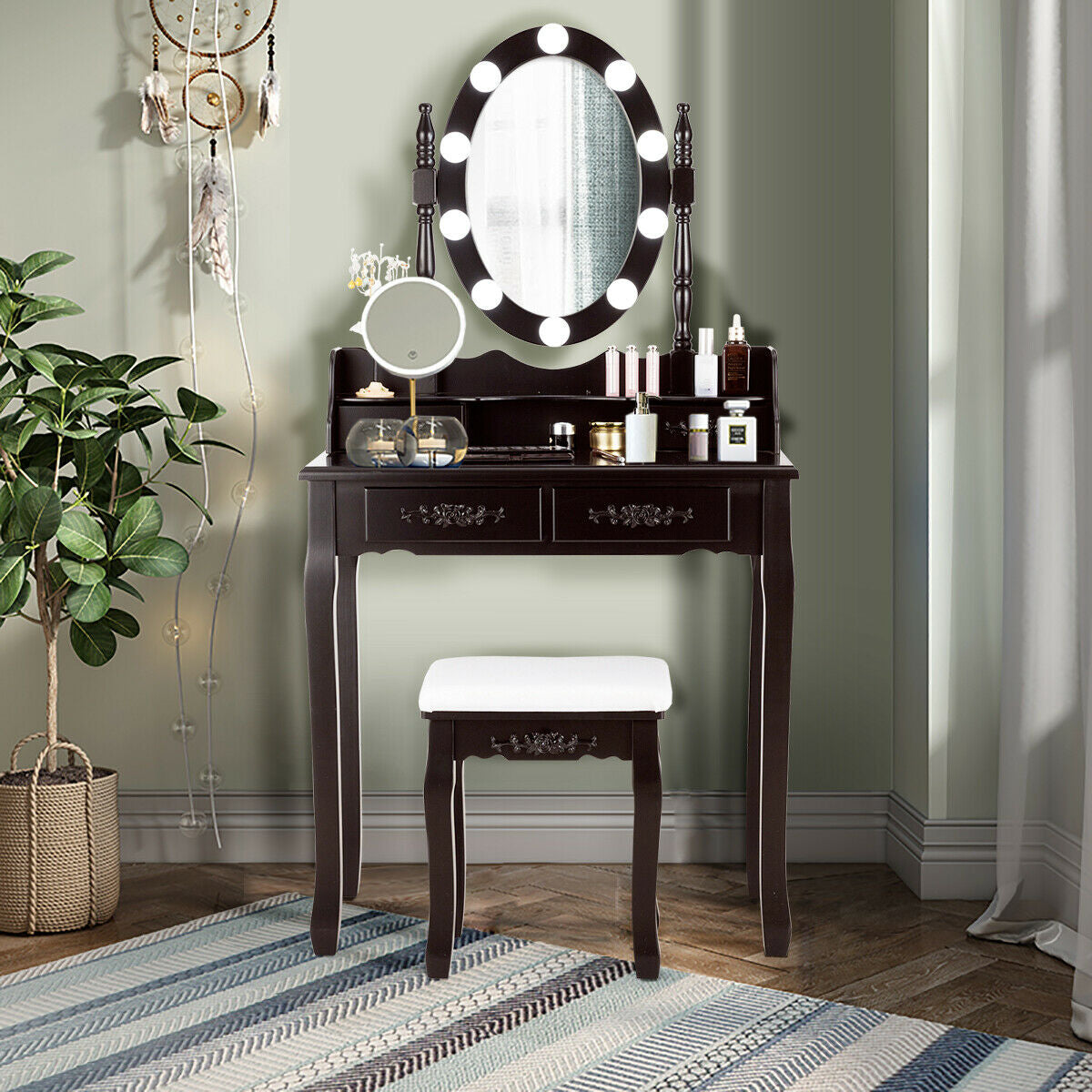 Makeup Vanity Set with Touch Switch Lighted Mirror and Cushioned Stool – Brown