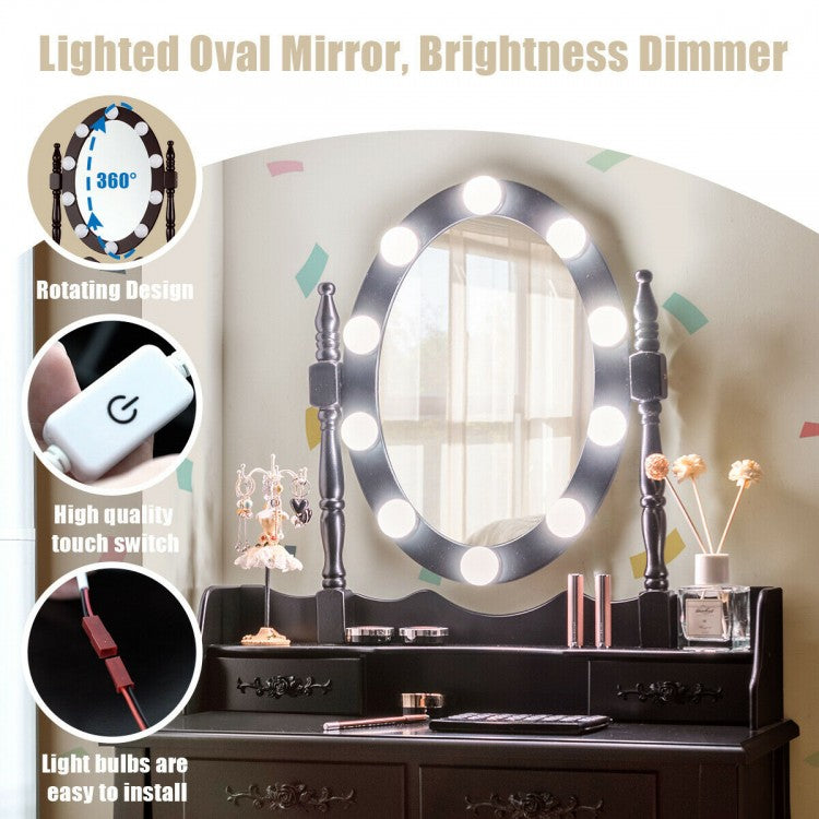 Makeup Vanity Set with Touch Switch Lighted Mirror and Cushioned Stool – Brown