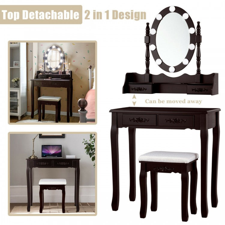 Makeup Vanity Set with Touch Switch Lighted Mirror and Cushioned Stool – Brown