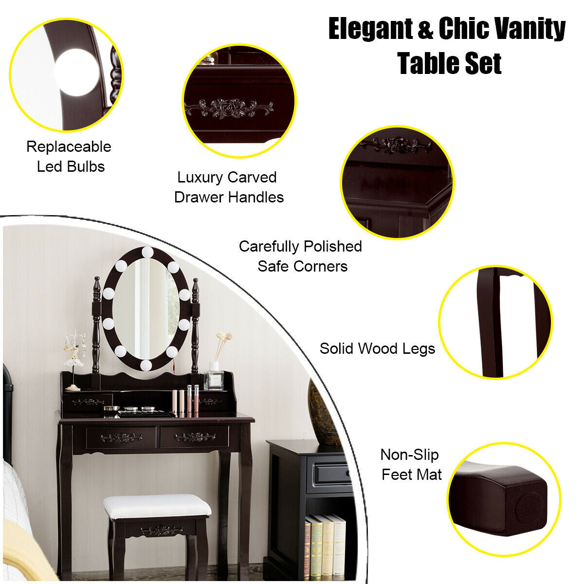Makeup Vanity Set with Touch Switch Lighted Mirror and Cushioned Stool – Brown