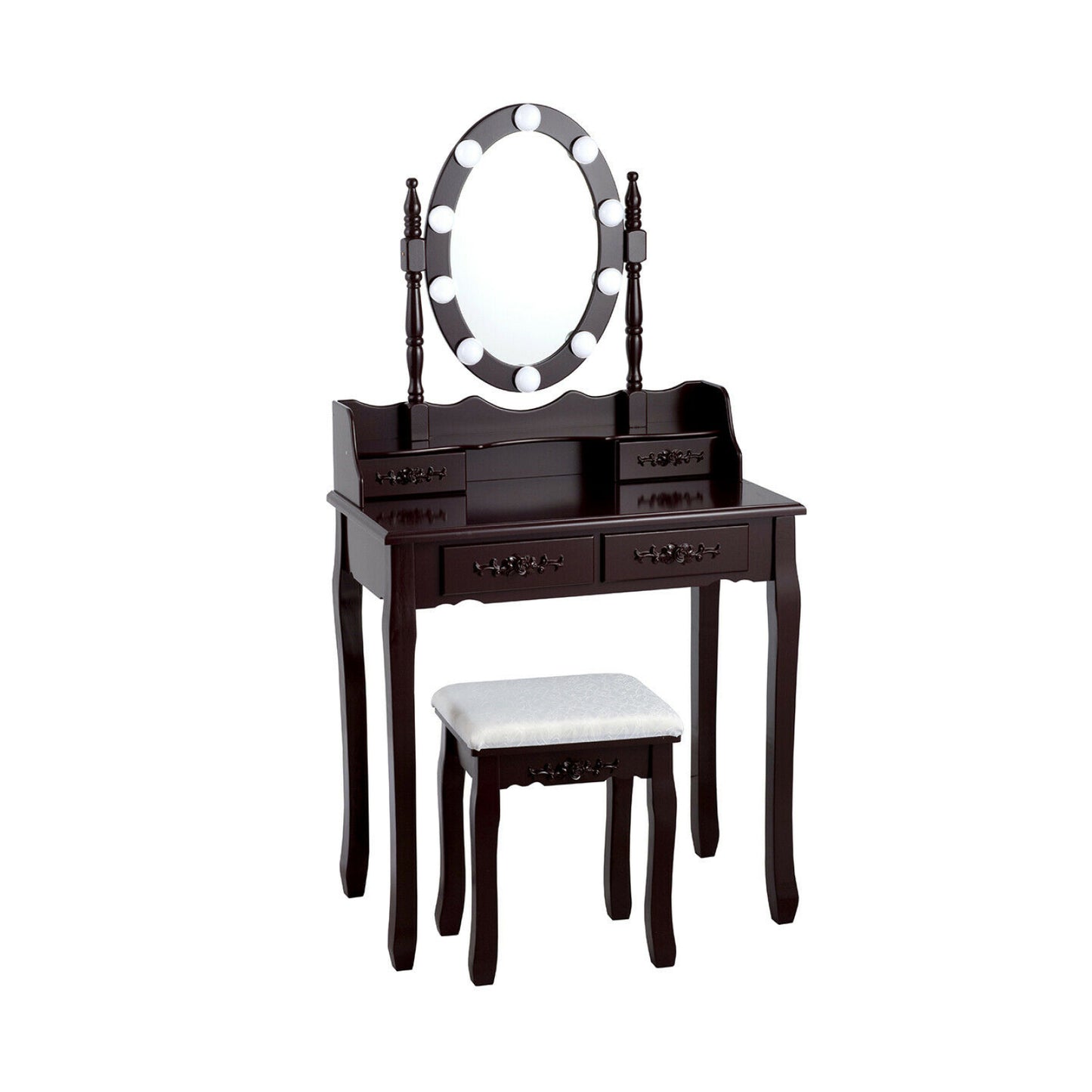 Makeup Vanity Set with Touch Switch Lighted Mirror and Cushioned Stool – Brown