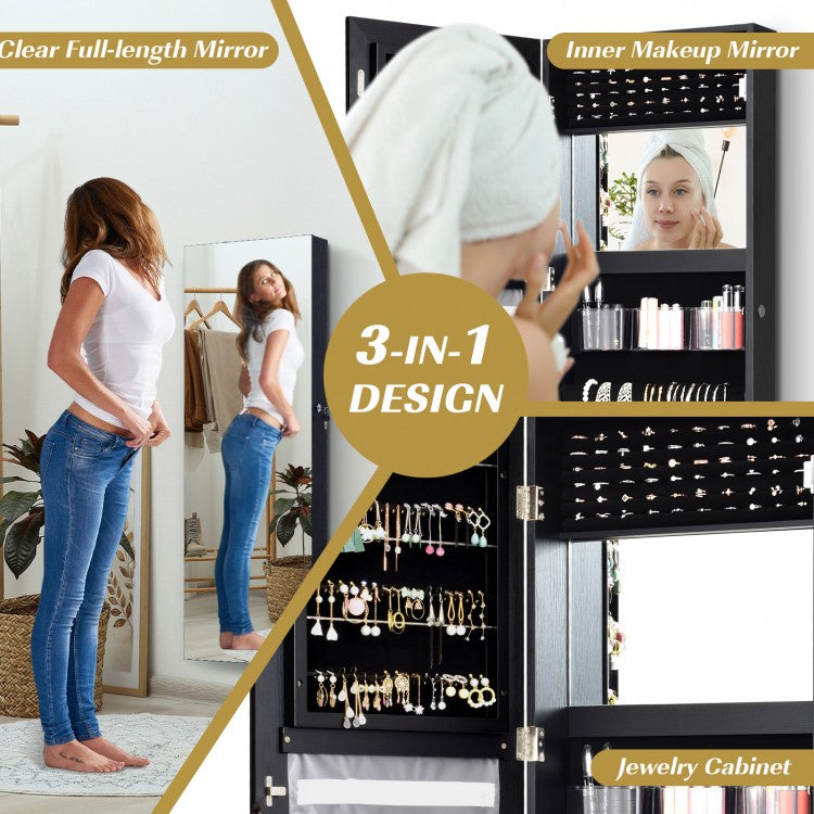 Lockable Jewelry Cabinet with Frameless Full-Length Mirror and Spacious Storage - Black