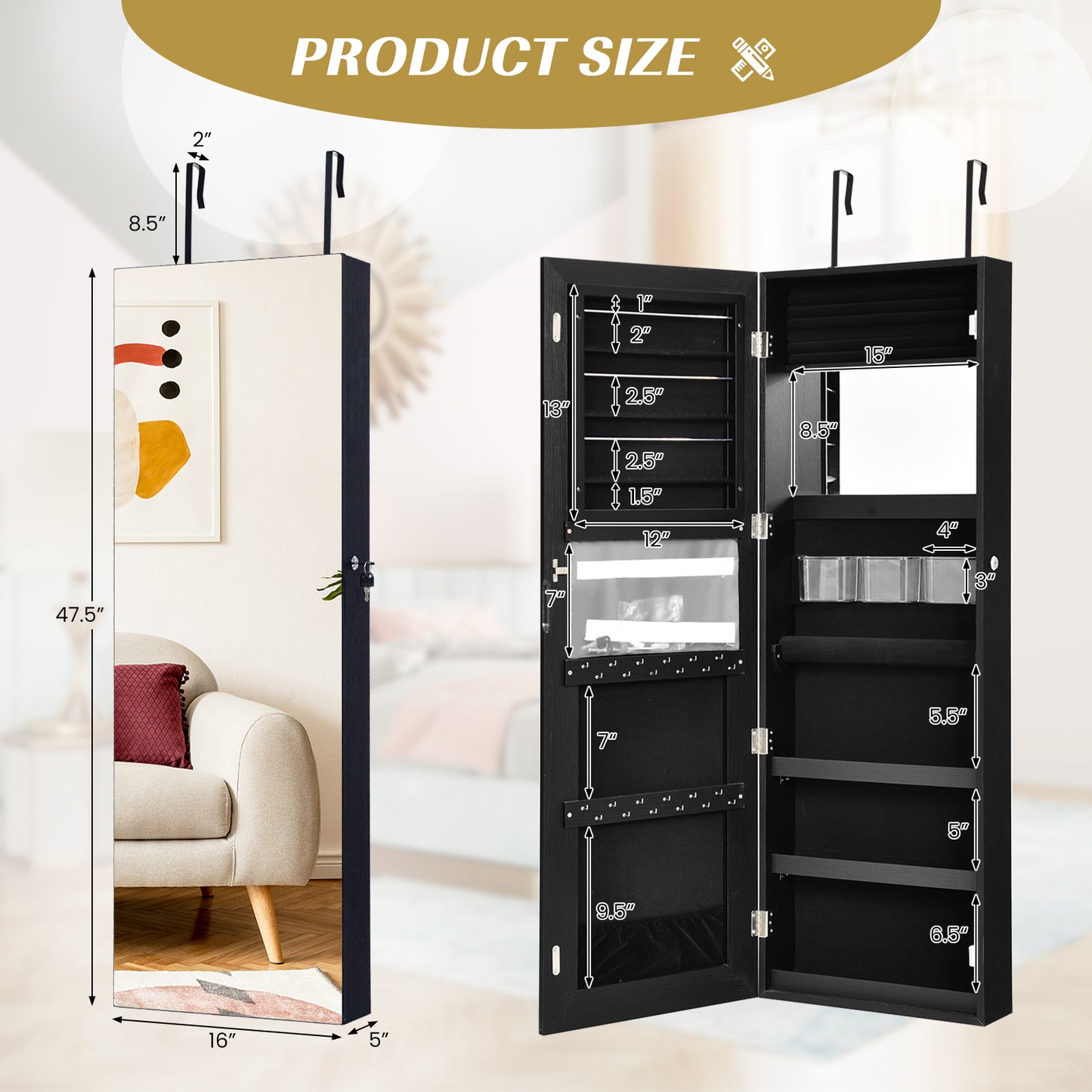 Lockable Jewelry Cabinet with Frameless Full-Length Mirror and Spacious Storage - Black