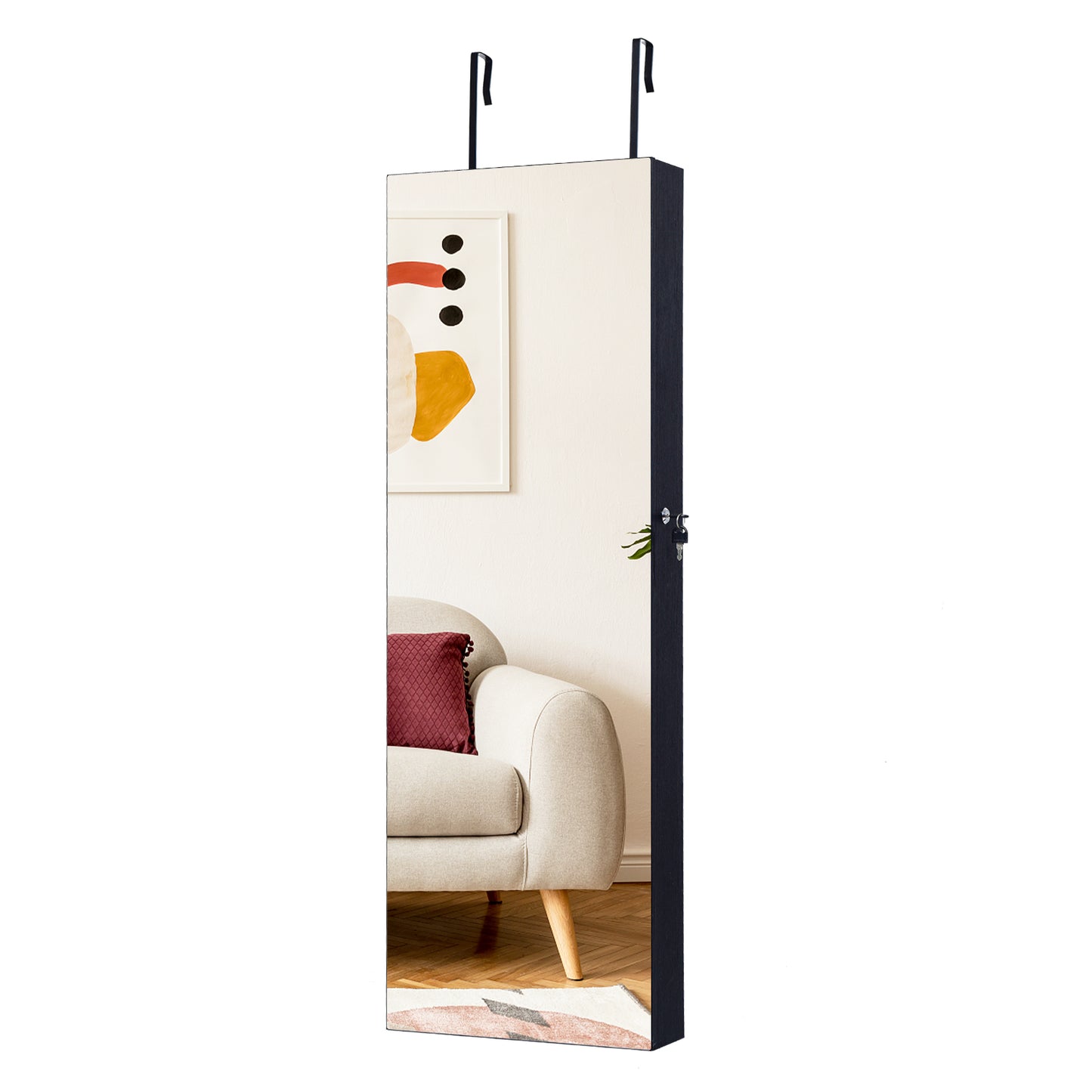 Lockable Jewelry Cabinet with Frameless Full-Length Mirror and Spacious Storage - Black