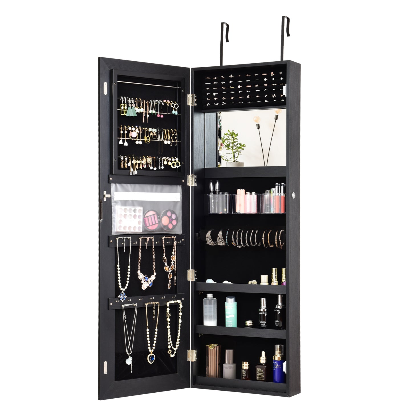 Lockable Jewelry Cabinet with Frameless Full-Length Mirror and Spacious Storage - Black
