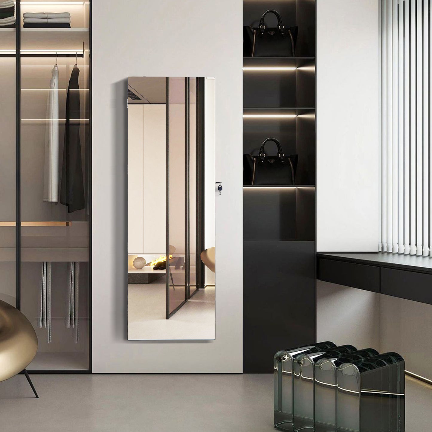 Lockable Jewelry Cabinet with Frameless Full-Length Mirror and Spacious Storage - Black