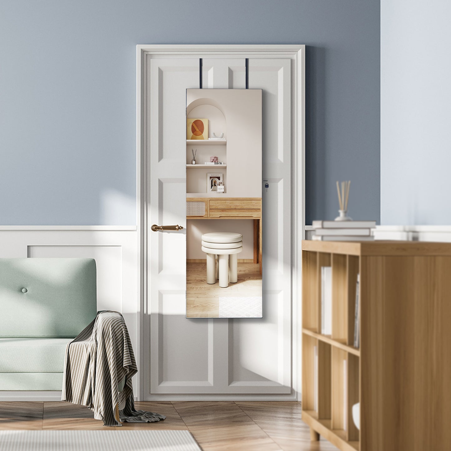 Lockable Jewelry Cabinet with Frameless Full-Length Mirror and Spacious Storage - Black