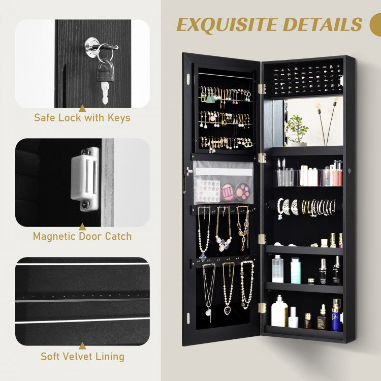 Lockable Jewelry Cabinet with Frameless Full-Length Mirror and Spacious Storage - Black
