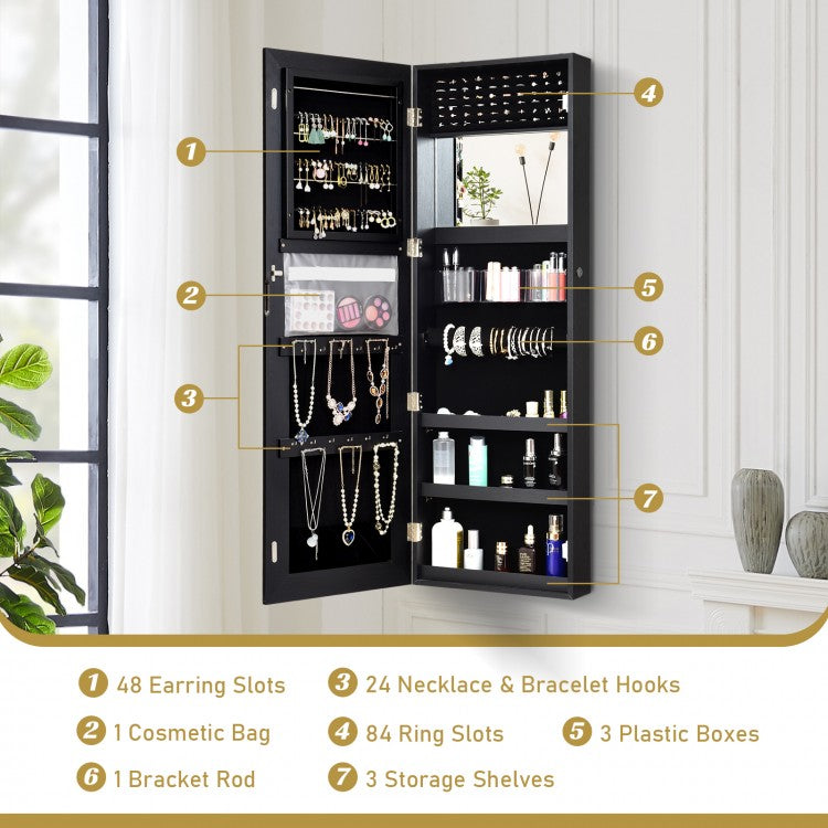 Lockable Jewelry Cabinet with Frameless Full-Length Mirror and Spacious Storage - Black