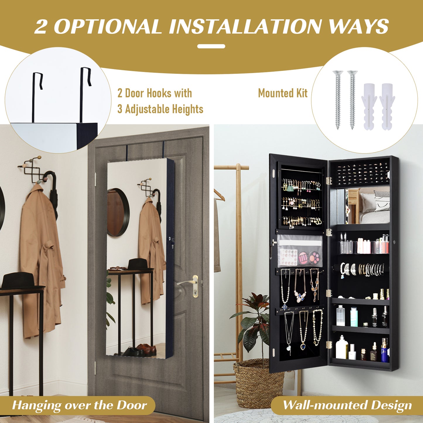 Lockable Jewelry Cabinet with Frameless Full-Length Mirror and Spacious Storage - Black