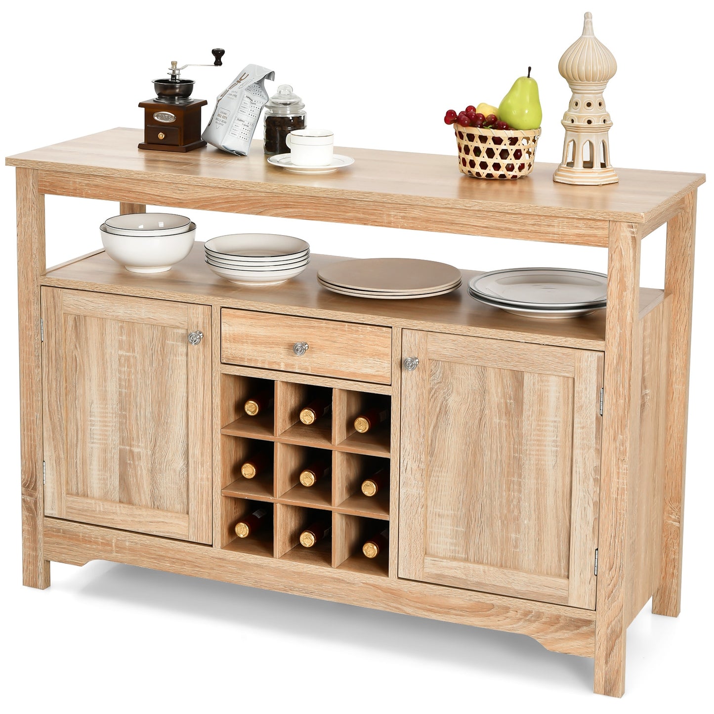 Modern Buffet Sideboard with Wine Rack Storage and Cabinets for Dining Room or Kitchen Console -Natural