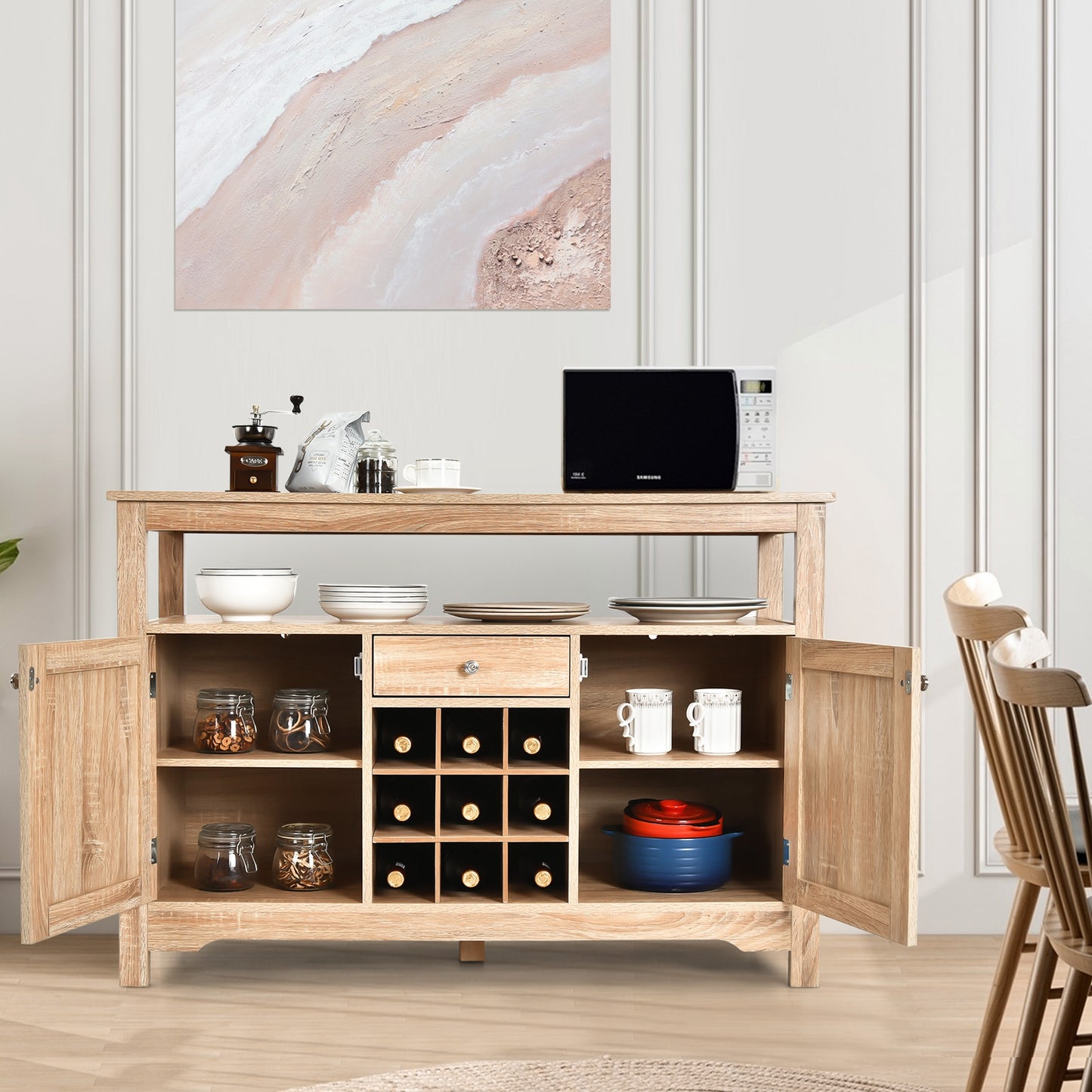 Modern Buffet Sideboard with Wine Rack Storage and Cabinets for Dining Room or Kitchen Console -Natural