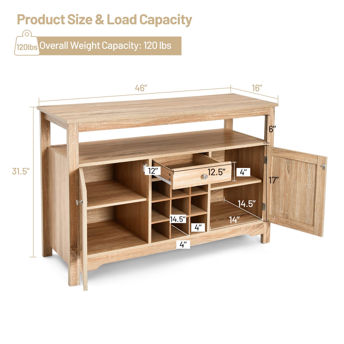 Modern Buffet Sideboard with Wine Rack Storage and Cabinets for Dining Room or Kitchen Console -Natural