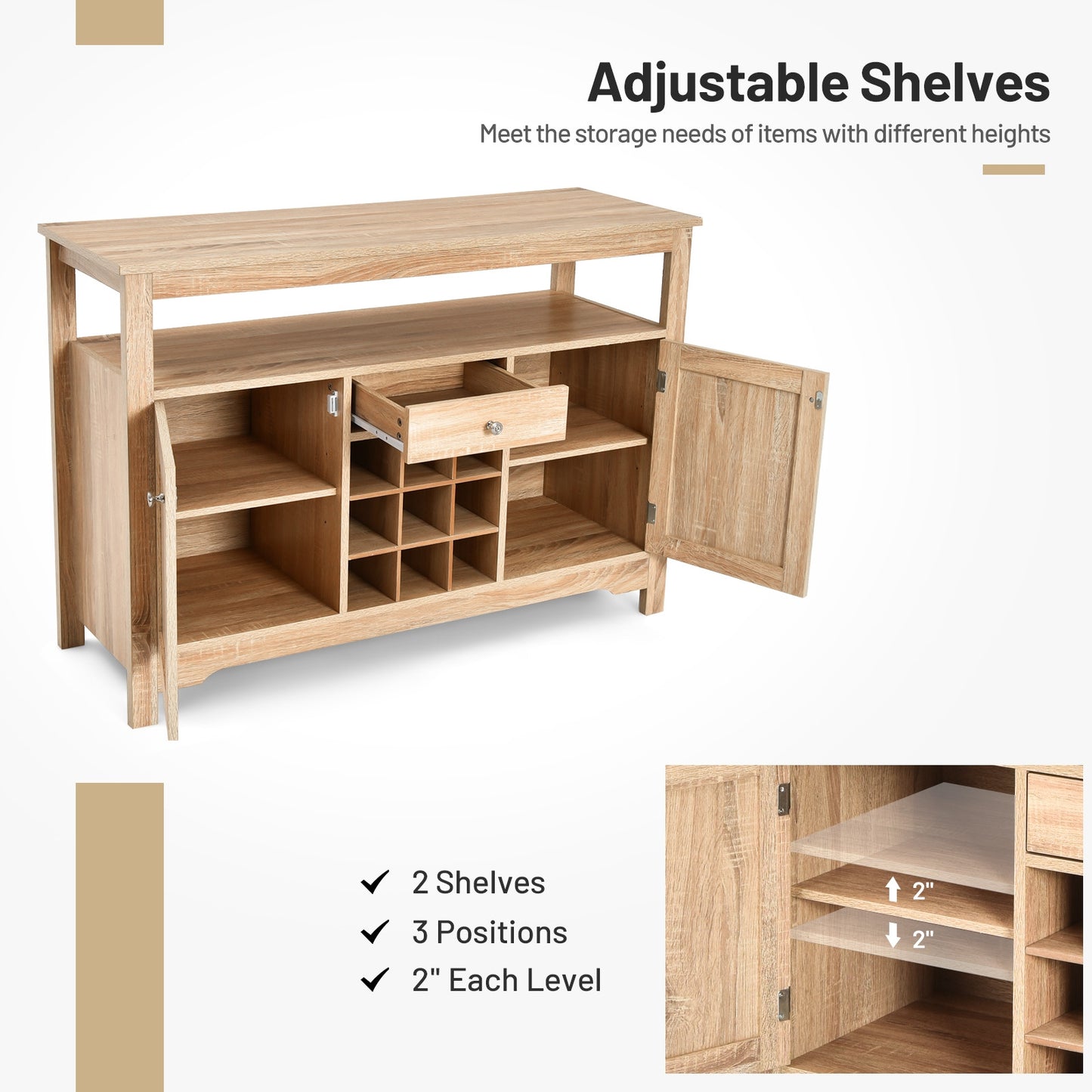Modern Buffet Sideboard with Wine Rack Storage and Cabinets for Dining Room or Kitchen Console -Natural