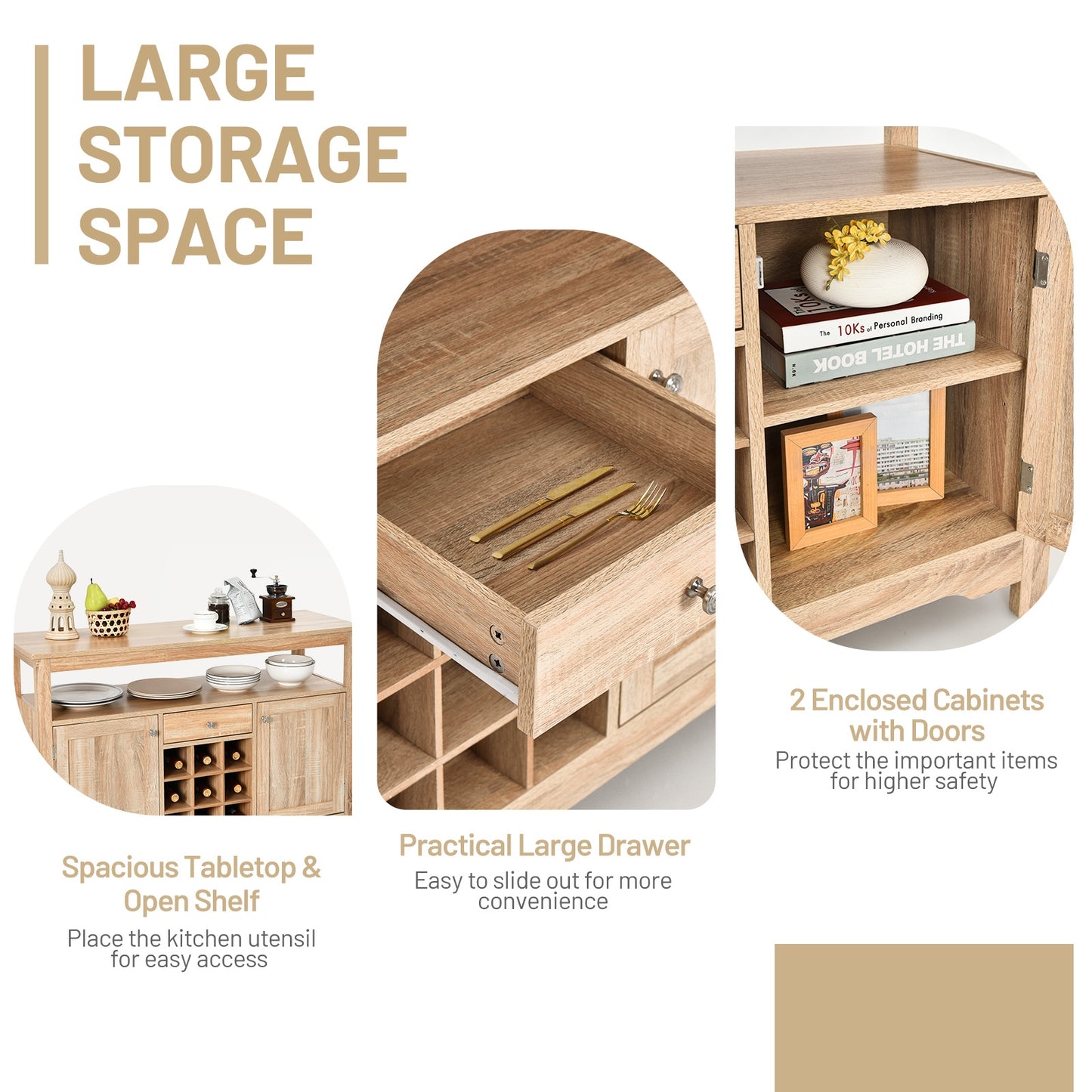 Modern Buffet Sideboard with Wine Rack Storage and Cabinets for Dining Room or Kitchen Console -Natural