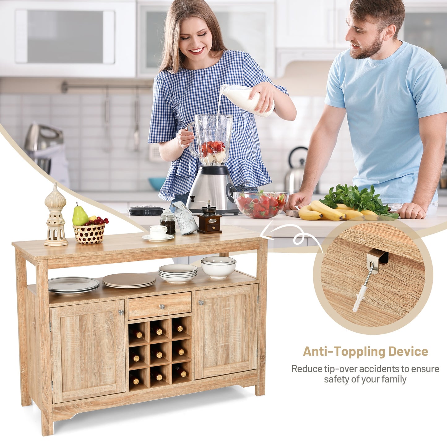 Modern Buffet Sideboard with Wine Rack Storage and Cabinets for Dining Room or Kitchen Console -Natural
