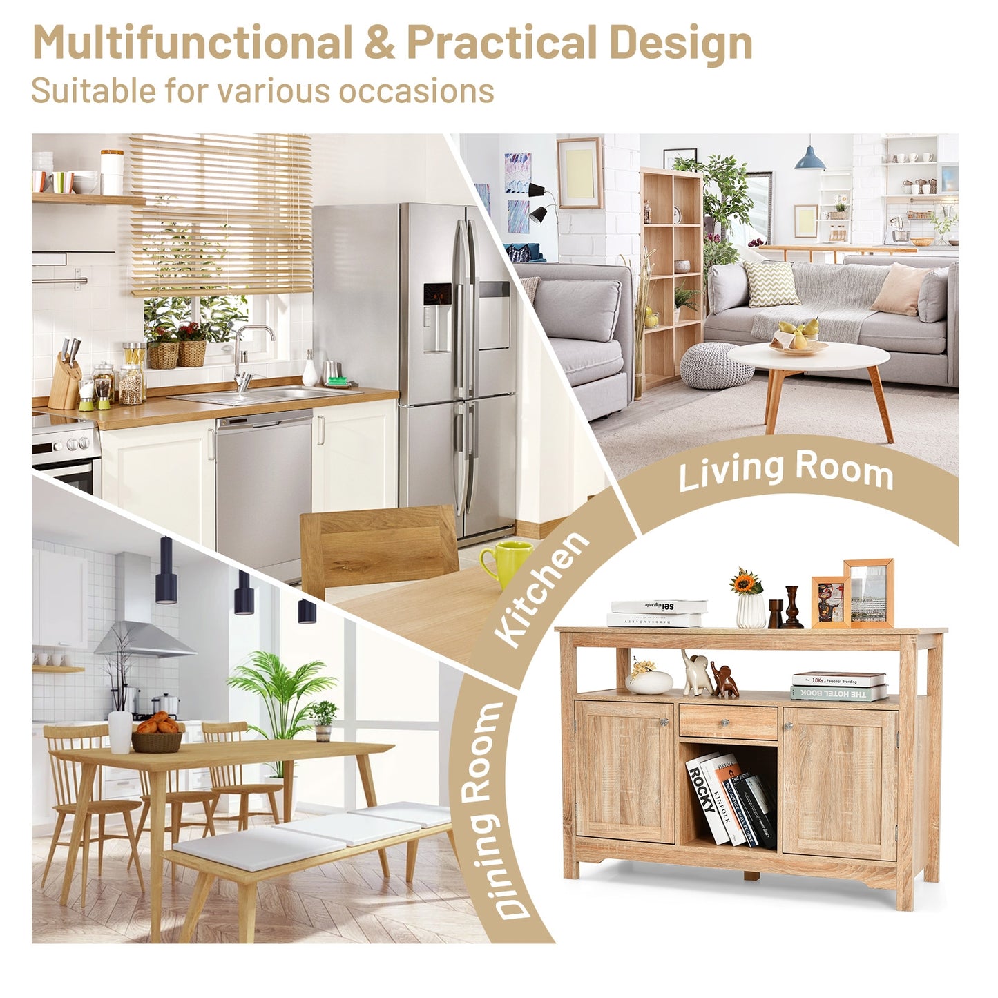 Modern Buffet Sideboard with Wine Rack Storage and Cabinets for Dining Room or Kitchen Console -Natural