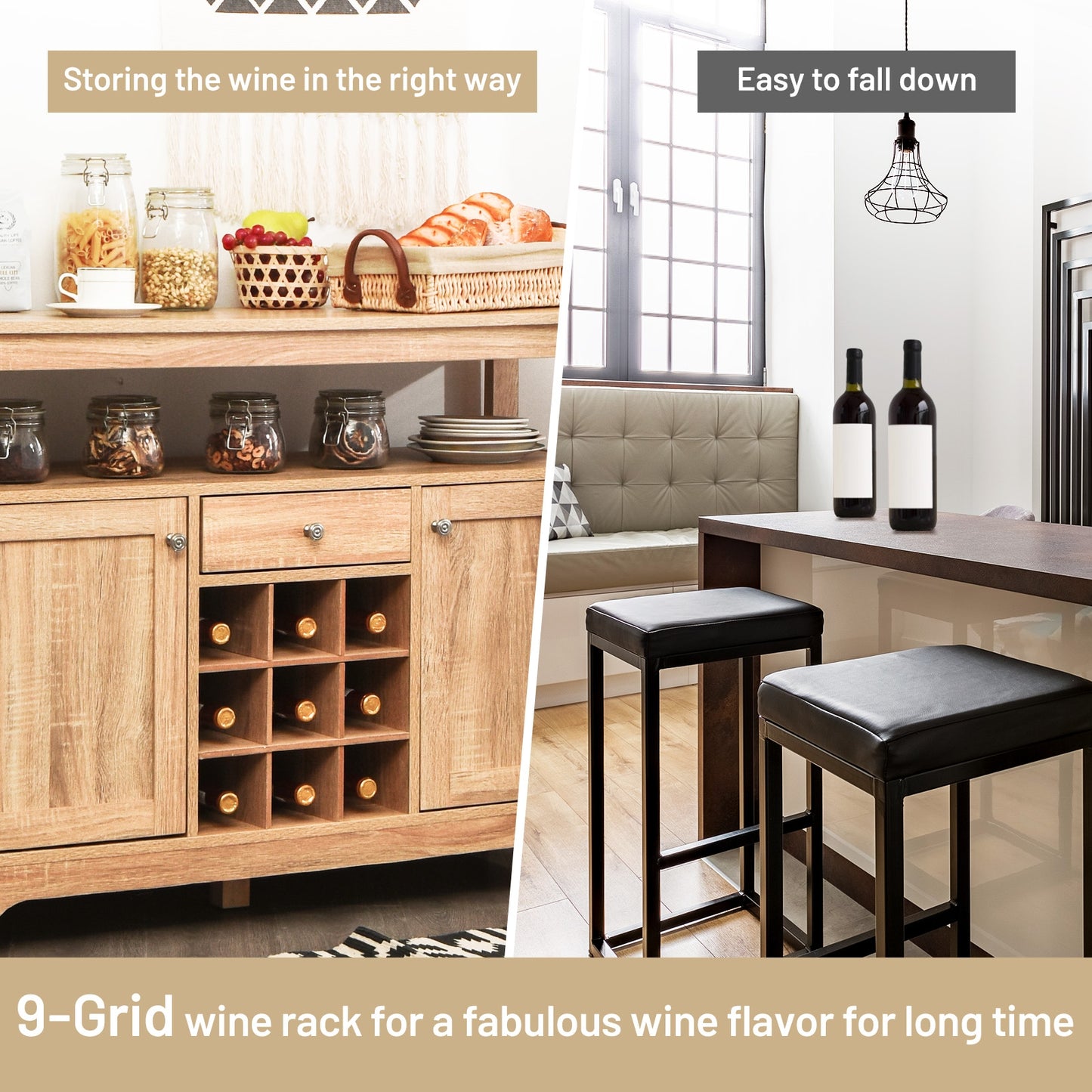Modern Buffet Sideboard with Wine Rack Storage and Cabinets for Dining Room or Kitchen Console -Natural