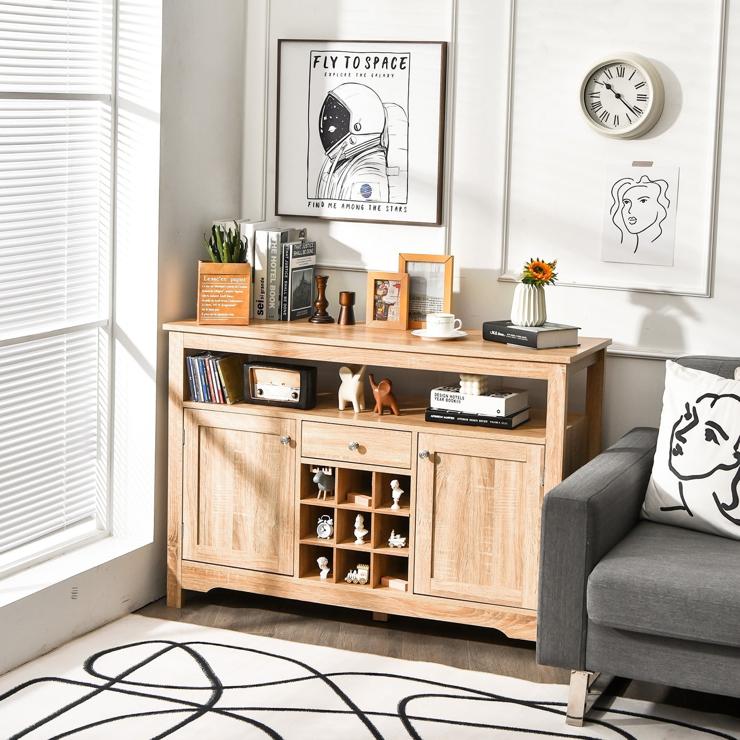 Modern Buffet Sideboard with Wine Rack Storage and Cabinets for Dining Room or Kitchen Console -Natural
