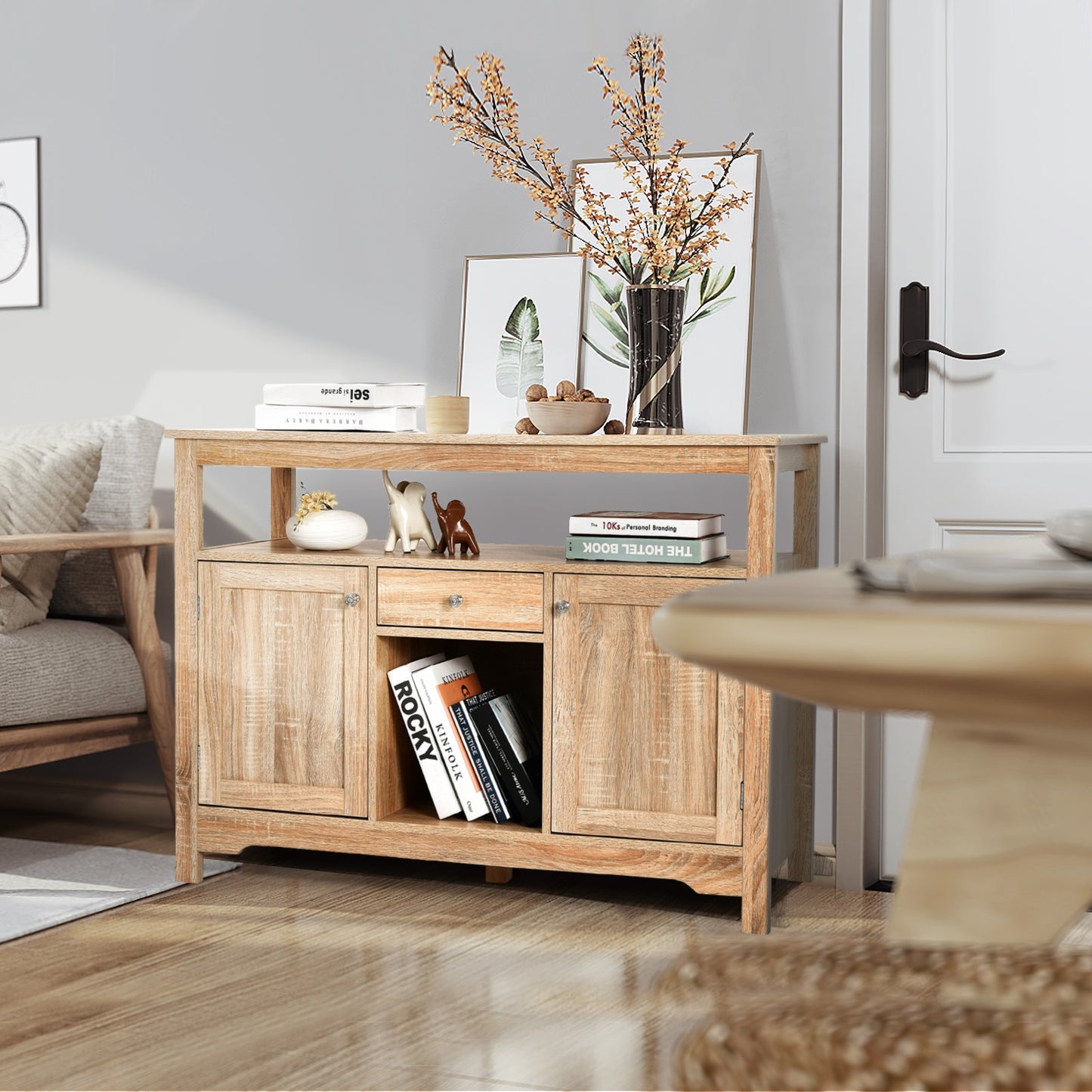 Modern Buffet Sideboard with Wine Rack Storage and Cabinets for Dining Room or Kitchen Console -Natural