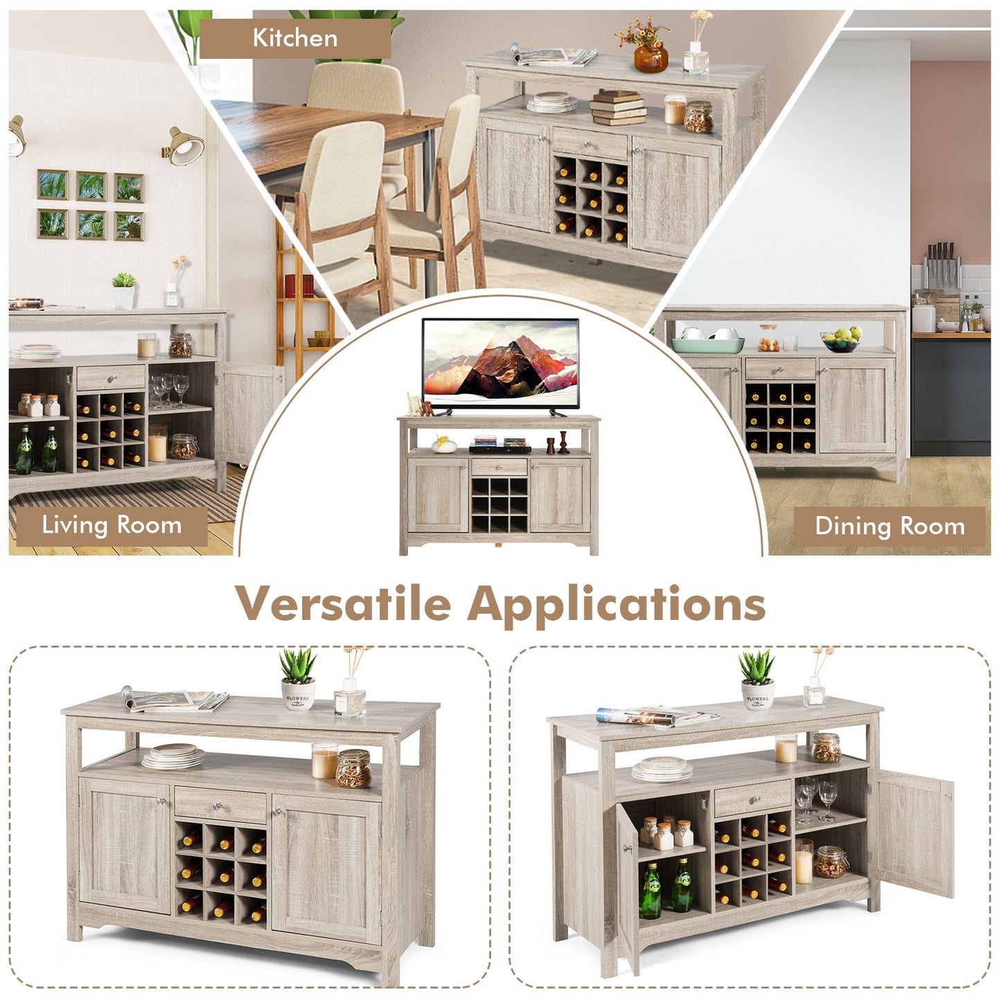 Modern Buffet Sideboard with Wine Rack Storage and Cabinets for Dining Room or Kitchen Console - Grey